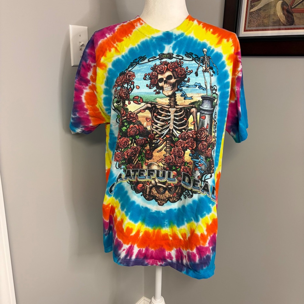 Liquid Blue Grateful Dead Bertha Skeleton Roses Tie Dye T-Shirt Large